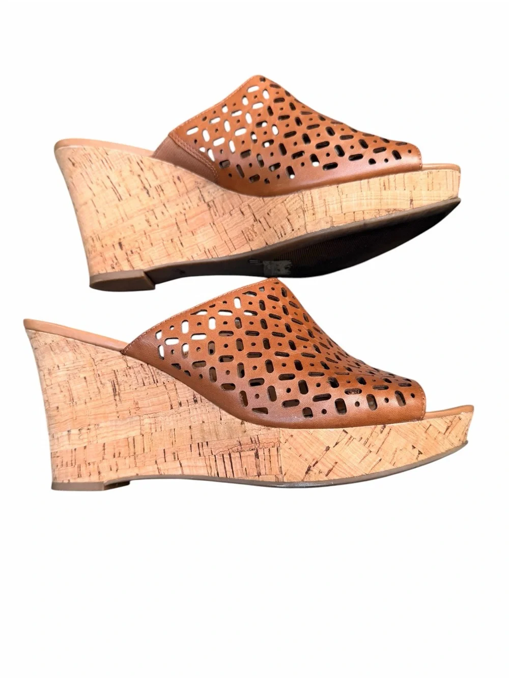 Lauren Blakwell Women’s 11 Tan Ilene Perforated Cork Wedge Slide Sandals Boho
